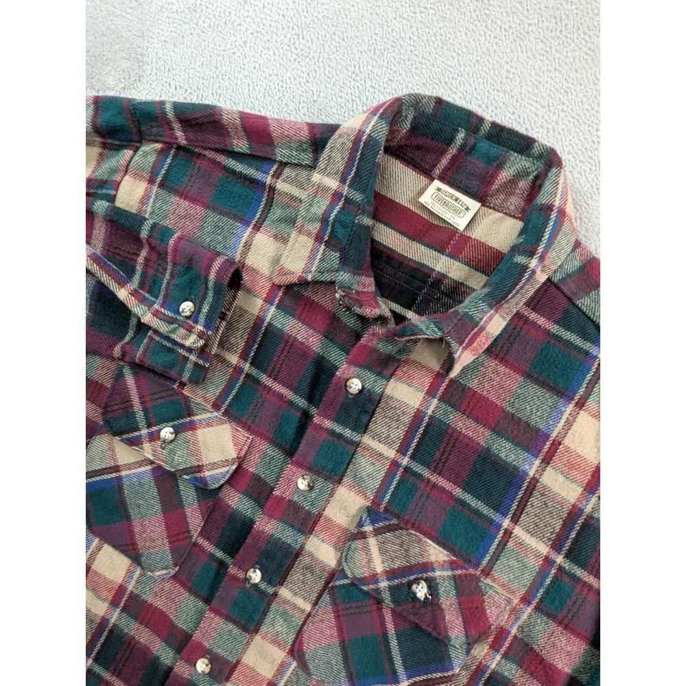 FiveBrother Vintage Flannel Shirt Mens XL Tall Made in USA Plaid Burgundy Green